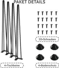 Nikcorp Noge za stol metalne hairpin 86 cm, crne, set 4 komada, visoka nosivost, s gumenim zaštitama za pod i vijcima za montažu