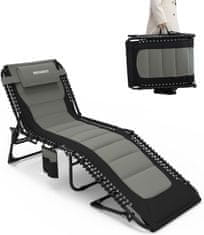 Nikcorp Vrtna ležaljka sklopiva, plažna i turistička, siva, 5 položaja naslona, s jastukom, bočnim džepom i nosivosti do 150 kg