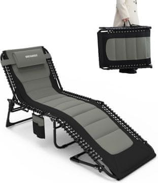 Nikcorp Vrtna ležaljka sklopiva, plažna i turistička, siva, 5 položaja naslona, s jastukom, bočnim džepom i nosivosti do 150 kg