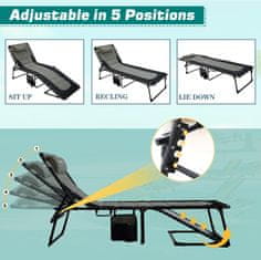 Nikcorp Vrtna ležaljka sklopiva, plažna i turistička, siva, 5 položaja naslona, s jastukom, bočnim džepom i nosivosti do 150 kg