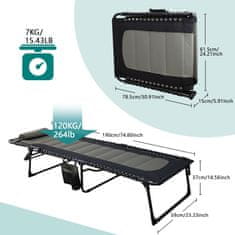 Nikcorp Vrtna ležaljka sklopiva, plažna i turistička, siva, 5 položaja naslona, s jastukom, bočnim džepom i nosivosti do 150 kg
