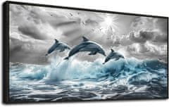 Nikcorp Slika na platnu Delfini u crnom okviru od punog drva, HD ispis otporan na vlagu, moderna zidna dekoracija, 50x100 cm
