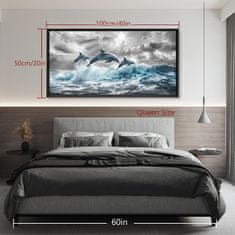 Nikcorp Slika na platnu Delfini u crnom okviru od punog drva, HD ispis otporan na vlagu, moderna zidna dekoracija, 50x100 cm