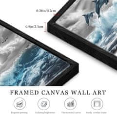 Nikcorp Slika na platnu Delfini u crnom okviru od punog drva, HD ispis otporan na vlagu, moderna zidna dekoracija, 50x100 cm
