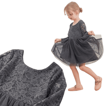 Nikcorp Haljina za djevojčice od tila i čipke s dugim rukavima, siva svečana haljina s pamučnom podstavom, veličina 90 cm