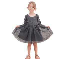 Nikcorp Haljina za djevojčice od tila i čipke s dugim rukavima, siva svečana haljina s pamučnom podstavom, veličina 90 cm