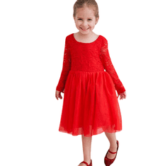 Nikcorp Svečana dječja haljina od tila i čipke, crvena, s V-izrezom na leđima i pamučnom podstavom, veličina 110 (5-7 godina)