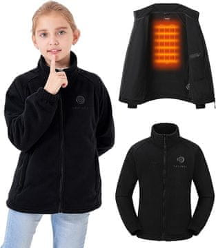 Nikcorp Dječja zimska jakna s USB grijanjem, polarna flis majica s kapuljačom, 3 razine topline, zaštita od pregrijavanja, crna, XL