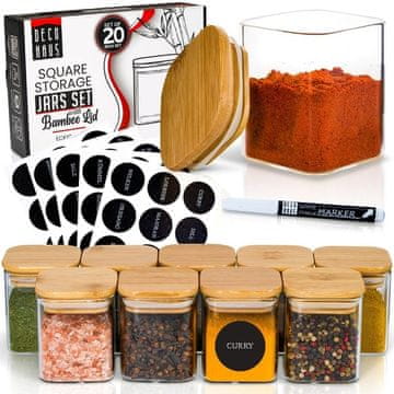 Deco Haus Komplet od 20 staklene posude za pohranu za višekratnu upotrebu s poklopcem od bambusa – Posuda za kolačiće, tjesteninu, suhu hranu, žitarice, kavu – 7,6 cm visine, 6 cm promjera