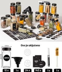 Deco Haus Komplet od 12 staklenke za začine s crnim poklopcem na navojne od nehrđajućog čelika s naljepnicama, lijevkom, četkom za čišćenje, olovkom – Prazne staklene posude za pohranu i dozator