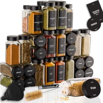 Deco Haus Komplet od 36 staklenke za začine s crnim poklopcem na navojne od nehrđajućog čelika s naljepnicama, lijevkom, četkom za čišćenje, olovkom – Prazne staklene posude za pohranu i dozator