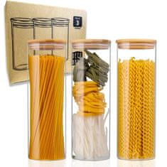 Deco Haus Komplet od 3 staklene posude za pohranu za višekratnu upotrebu s poklopcem od bambusa – Posuda za kolačiće, tjesteninu, suhu hranu, žitarice, kavu – 28,5 cm visine, 10 cm promjera