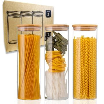 Deco Haus Komplet od 3 staklene posude za pohranu za višekratnu upotrebu s poklopcem od bambusa – Posuda za kolačiće, tjesteninu, suhu hranu, žitarice, kavu – 28,5 cm visine, 10 cm promjera
