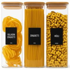 Deco Haus Komplet od 3 kvadratne staklene posude za pohranu za višekratnu upotrebu s poklopcem od bambusa – Posuda za kolačiće, tjesteninu, suhu hranu, žitarice, kavu – 28,5 cm visine, 10 cm širine