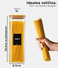 Deco Haus Komplet od 3 kvadratne staklene posude za pohranu za višekratnu upotrebu s poklopcem od bambusa – Posuda za kolačiće, tjesteninu, suhu hranu, žitarice, kavu – 28,5 cm visine, 10 cm širine