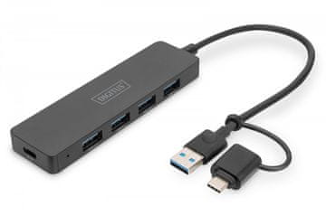 Digitus Hub usb 3.0/koncentrator 4-portowy slimline usb a + adapter usb-c 5gbps, priključak za napajanje usb-c