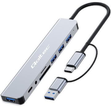 Qoltec Hub adapter 8u1 usb-c/usb | usb-c | 4xusb | sd/tf kartica | jack 3.5mm trrs