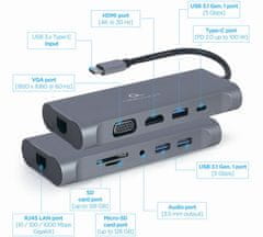 Gembird Gembird multi adapter usb type-c 7 u 1 (hub3.0 + hdmi + vga + pd + čitač kartica + stereo zvuk), sivi