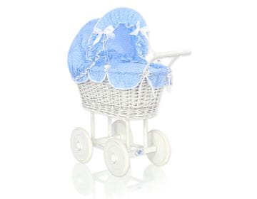 MY SWEET BABY Visoka pletena kolica za lutke s plavom posteljinom i podstavom - bijela