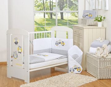 MY SWEET BABY Dječji set posteljine 135x100cm s trodijelnim branikom, sive sove, sa sivo-žutim vezom