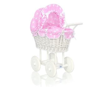 MY SWEET BABY Visoka pletena kolica za lutke s ružičastom posteljinom i podstavom - bijela
