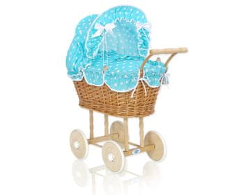 MY SWEET BABY Visoka pletena kolica za lutke s tirkiznom posteljinom i podstavom, natalia natural