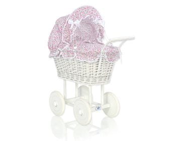 MY SWEET BABY Visoka pletena kolica za lutke s ružičastom posteljinom i podstavom - bijela