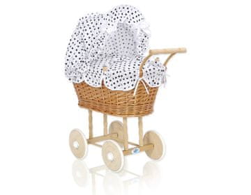 MY SWEET BABY Visoka pletena kolica za lutke s crno-bijelom posteljinom i podstavom, natalia natural