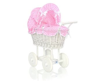 MY SWEET BABY Visoka pletena kolica za lutke s ružičastom posteljinom i podstavom - bijela