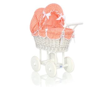 MY SWEET BABY Visoka pletena kolica za lutke s posteljinom i podstavom boje breskve - bijela