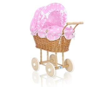 MY SWEET BABY Visoka pletena kolica za lutke s ružičastom posteljinom i podstavom NATALIA natural