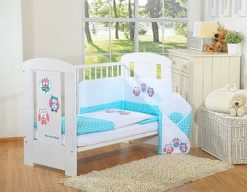 MY SWEET BABY Dječji set posteljine 135x100cm s trodijelnim branikom, Tirkizne sove, s ružičastim i tirkiznim vezom