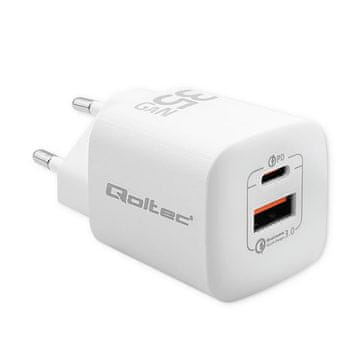 Qoltec 35W GaN ULTRA zidni punjač | 5-20V | 2.25-3A | 1 x USB Type-C PD | 1 x USB | Bijela