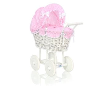 MY SWEET BABY Visoka pletena kolica za lutke s ružičastom posteljinom i podstavom - bijela
