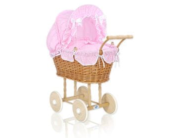 MY SWEET BABY Visoka pletena kolica za lutke s ružičastom posteljinom i podstavom, natalia natural