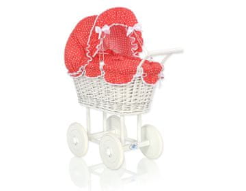 MY SWEET BABY Visoka pletena kolica za lutke s crvenom posteljinom i podstavom - bijela