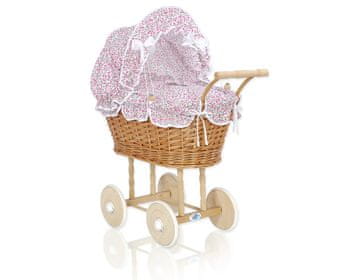 MY SWEET BABY Visoka pletena kolica za lutke s ružičastom posteljinom i podstavom NATALIA natural