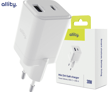 Allity ATC-01 GaN punjač 30W, 1x USB-C, 1x USB-A, PD, QC, bijeli