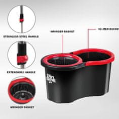 Dirt Devil Komplet za čišćenje podova i površina, 360° rotirajući mop, kanta 16L, ultra lagan, izdržljiv, crno-crveni