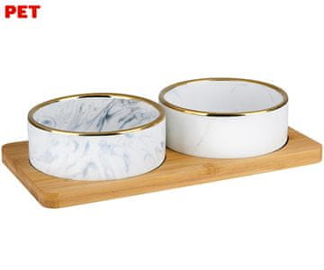 PET Treatment dvostruka posuda sa stalkom za kućne ljubimce, za hranu / vodu, keramika, bambus, 29,5x15x6cm, bijelo-smeđe