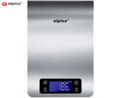 Alpina Digitalna kuhinjska vaga, max 5kg, LCD zaslon, funkcija TARA, automatsko uključivanje / isključivanje, prikaz temperature, timer / mjerač vremena, nehrđajući čelik, srebrna