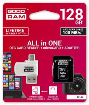 GoodRam Karta memorije s adapterom i čitačem kartica Goodram All in One M1A4-1280R12 (128GB; Class 10; adapter, čitač kartica microSDHC, memorijska kartica)