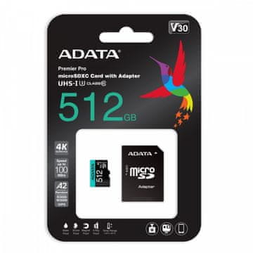 AData Karta microSD Premier Pro 512 GB UHS1 U3 V30 A2 + adapter