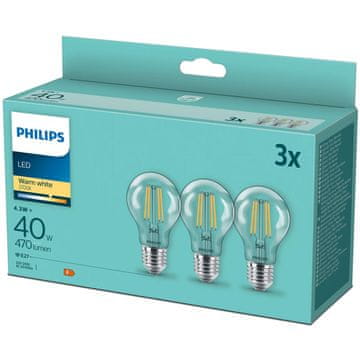 Philips LED žarulje E27 A60 4.3W 2700K 470lm 3 kom