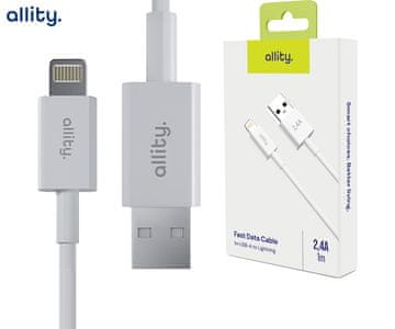Allity AUC-03 kabel, USB-A na Lightning, 60W, 2.4A, 1m, univerzalni, TPU/TPE, + čičak traka, bijeli