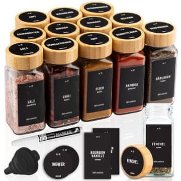 Deco Haus Set od 12 staklenih posuda za začine s poklopcima od bambusa – naljepnice, lijevak, četkica, marker – odgovara stalcima za začine s 4 police – posude za pohranu i doziranje 120 ml