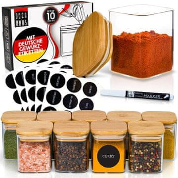 Deco Haus Četvrtaste posudice za začine s etiketama za začine – set od 10 komada – set posudica za začine s drvenim poklopcem, set staklenki za pohranu vaših začina, spremnici za začine – Spice jars