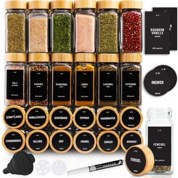 Deco Haus Komplet od 24 staklenih posuda za začine s bambusovim poklopcima – naljepnice, lijevak, četkica, marker – kompatibilno sa stalkom za začine s 4 police – posude za pohranu i doziranje 120 ml
