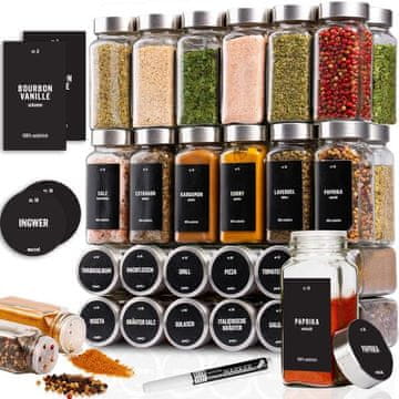 Deco Haus Staklenke za začine s poklopcem od nehrđajućeg čelika – set od 36 komada – različiti nastavci za posipanje, lijevak, četkica, naljepnice i kredni marker – 120 ml, 10,5 x 4,3 cm