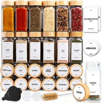 Deco Haus Set od 24 staklenke za začine s poklopcima od bambusa – etikete, lijevak, kist, marker – kompatibilno sa stalcima za začine s 4 police – staklenke za pohranu i doziranje 120 ml, 10,5 x 4,3 cm